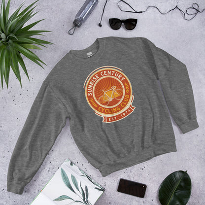 Sunrise Century C.C. retro cycling club badge crewneck — Graphite Heather, flat lay