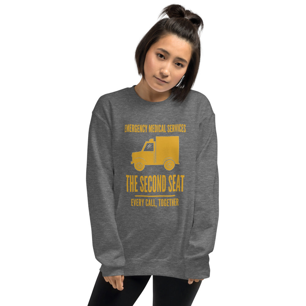 The Second Seat EMS paramedic crewneck — Graphite Heather, on model