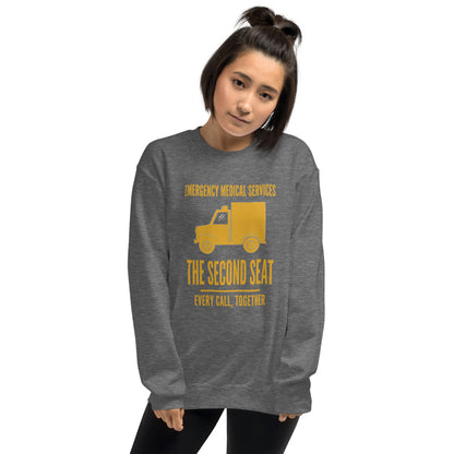 The Second Seat EMS paramedic crewneck — Graphite Heather, on model