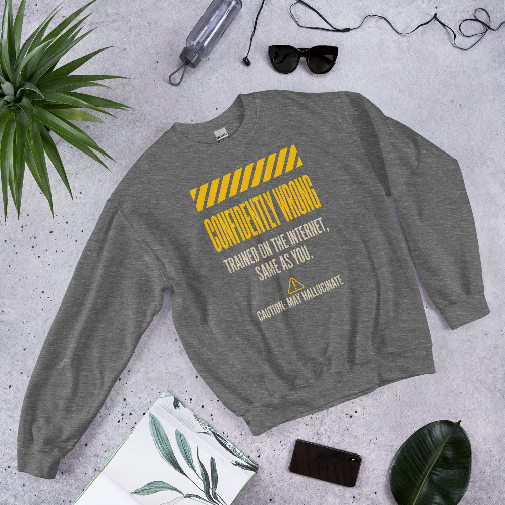 Confidently Wrong AI hazard-label crewneck sweatshirt — Graphite Heather, flat lay