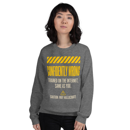 Confidently Wrong AI hazard-label crewneck sweatshirt — Graphite Heather, on model