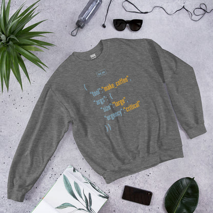Tool Call Make Coffee AI engineer crewneck sweatshirt — Graphite Heather, flat lay