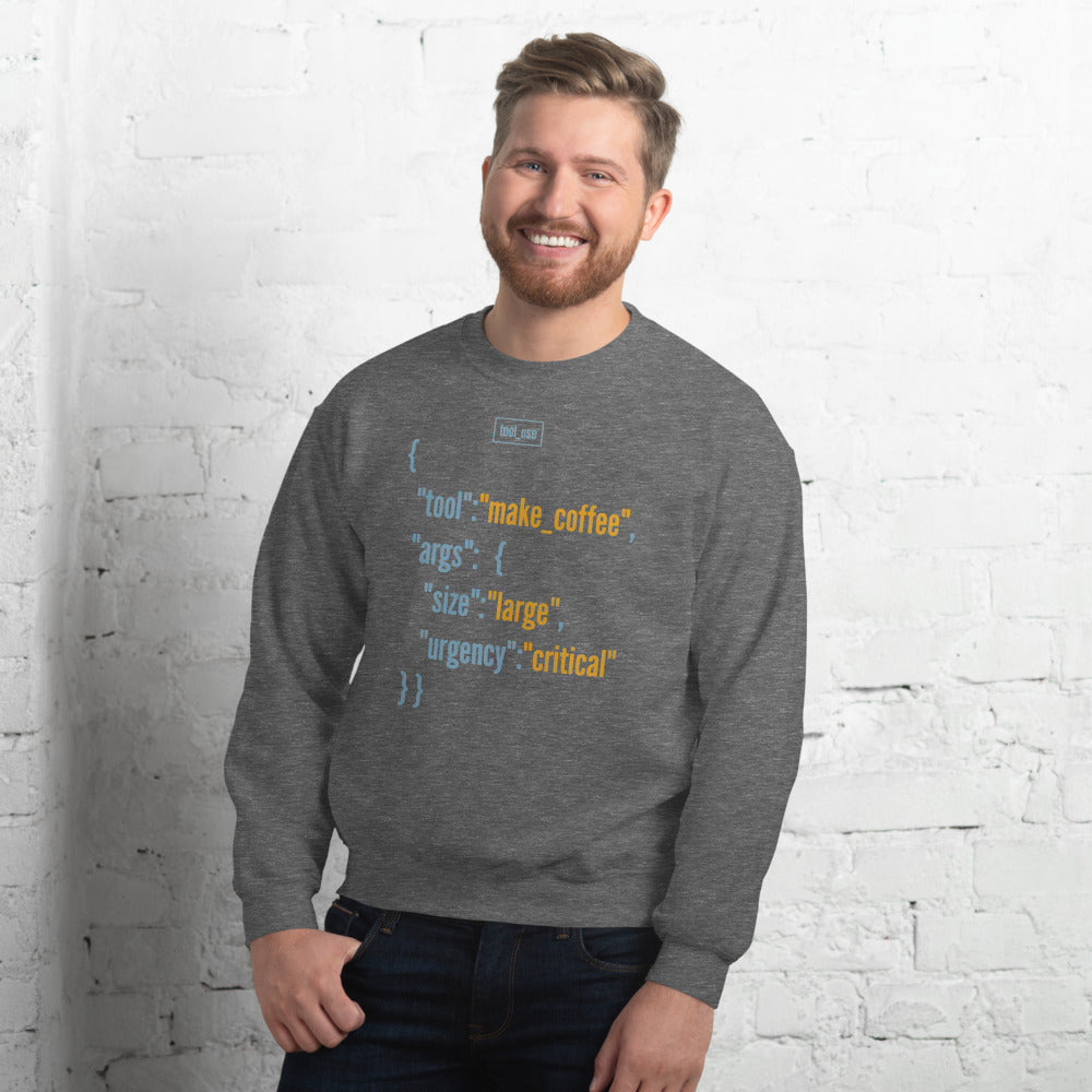 Tool Call Make Coffee AI engineer crewneck sweatshirt — Graphite Heather, on model