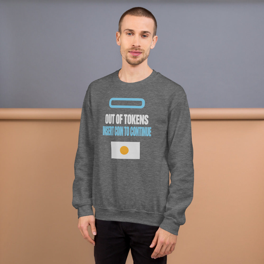 Insert Coin To Continue out of tokens crewneck sweatshirt — Graphite Heather, on model