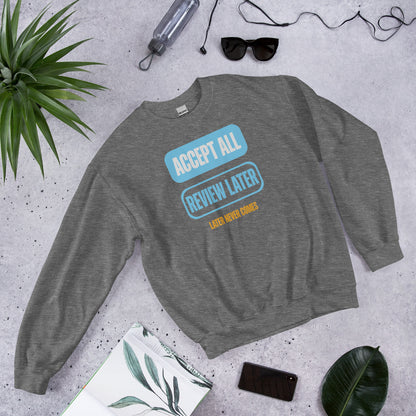 Accept All Review Later crewneck sweatshirt — Graphite Heather, flat lay
