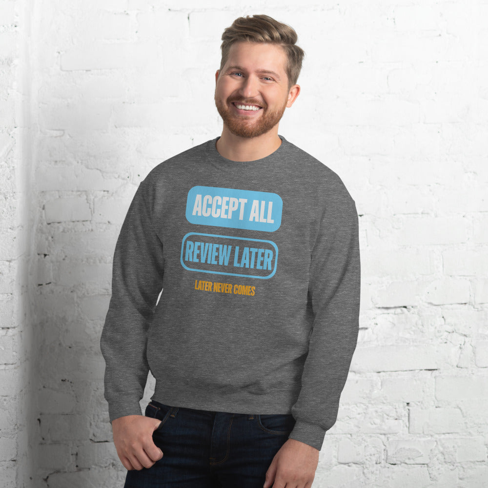Accept All Review Later crewneck sweatshirt — Graphite Heather, on model