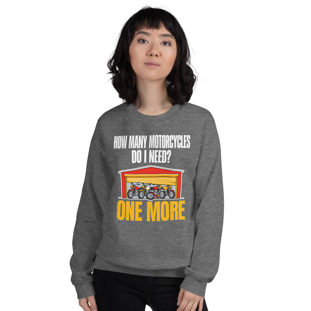 One More funny motorcycle crewneck sweatshirt — Graphite Heather, on model