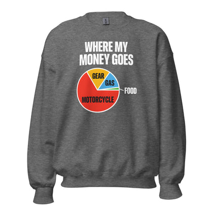 Where My Money Goes funny motorcycle crewneck sweatshirt — Graphite Heather, front
