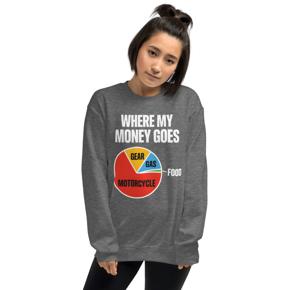 Where My Money Goes funny motorcycle crewneck sweatshirt — Graphite Heather, on model
