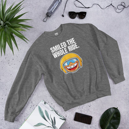 Smiled The Whole Ride funny motorcycle crewneck sweatshirt — Graphite Heather, flat lay