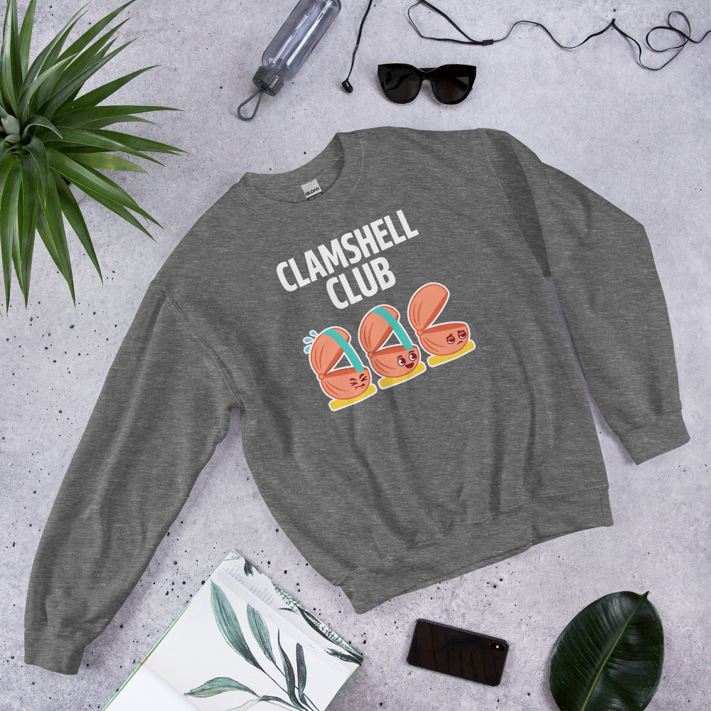 Clamshell Club funny physical therapy crewneck sweatshirt — Graphite Heather, flat lay