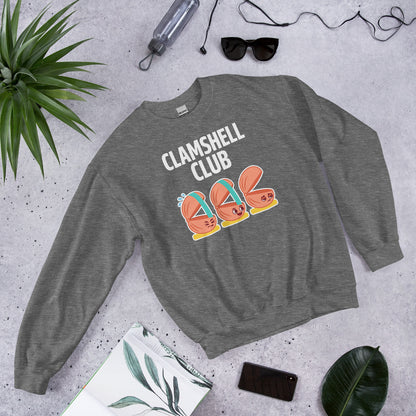 Clamshell Club funny physical therapy crewneck sweatshirt — Graphite Heather, flat lay