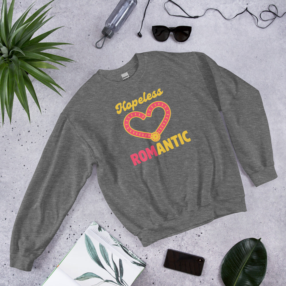 Hopeless ROMantic funny physical therapy crewneck sweatshirt — Graphite Heather, flat lay
