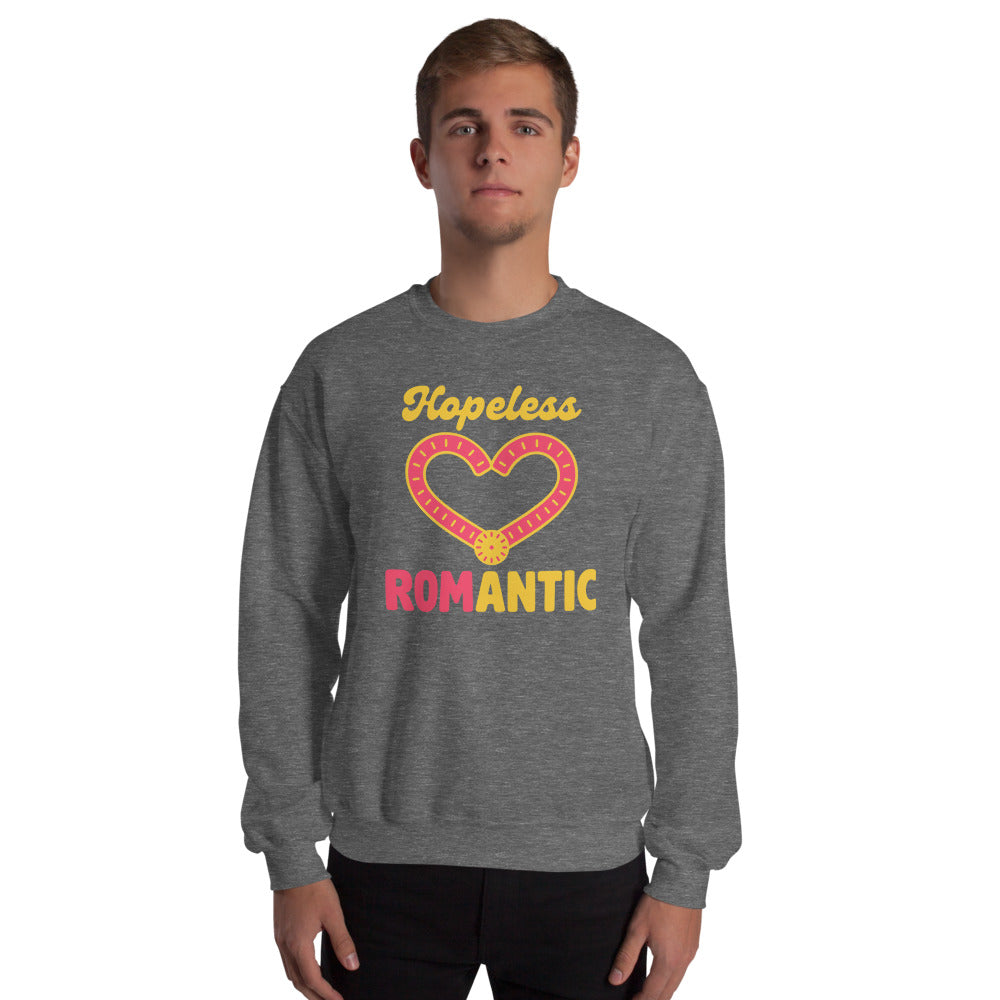 Hopeless ROMantic funny physical therapy crewneck sweatshirt — Graphite Heather, on model