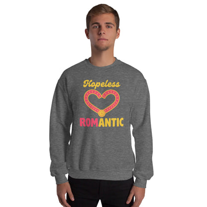 Hopeless ROMantic funny physical therapy crewneck sweatshirt — Graphite Heather, on model
