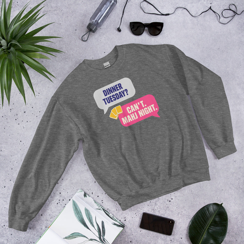 Mahj Night funny mahjong crewneck sweatshirt — Graphite Heather, flat lay