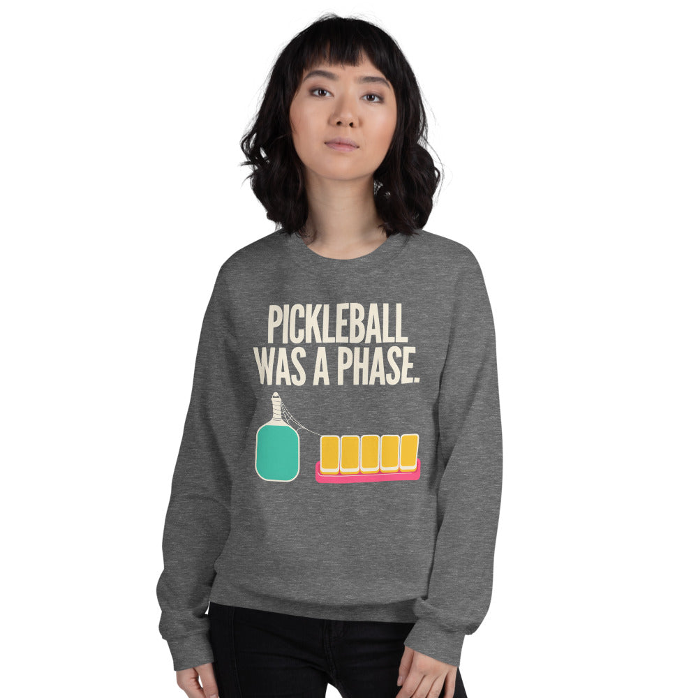 Pickleball Was A Phase funny mahjong crewneck sweatshirt — Graphite Heather, on model