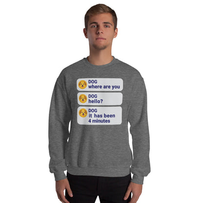 It Has Been 4 Minutes funny dog dad crewneck sweatshirt — Graphite Heather, on model