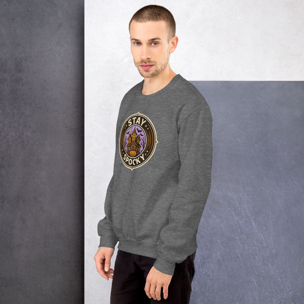 Stay Spooky retro Halloween vintage badge crewneck sweatshirt — Graphite Heather, on model