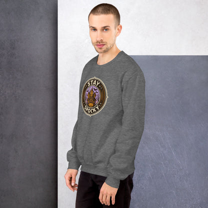 Stay Spooky retro Halloween vintage badge crewneck sweatshirt — Graphite Heather, on model