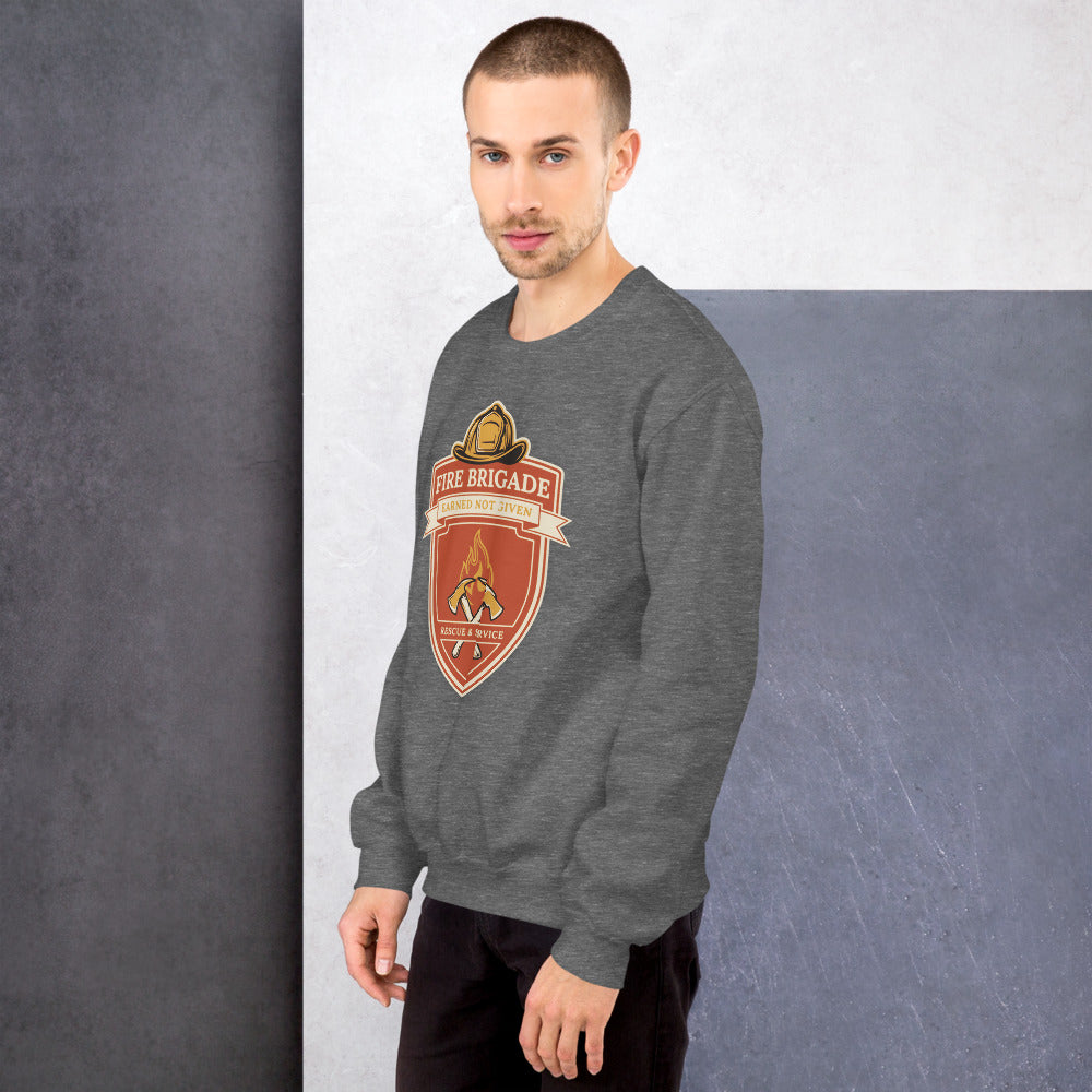 Fire Brigade Earned Not Given retro firefighter shield emblem crewneck sweatshirt — Graphite Heather, on model