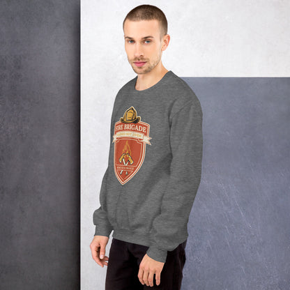 Fire Brigade Earned Not Given retro firefighter shield emblem crewneck sweatshirt — Graphite Heather, on model