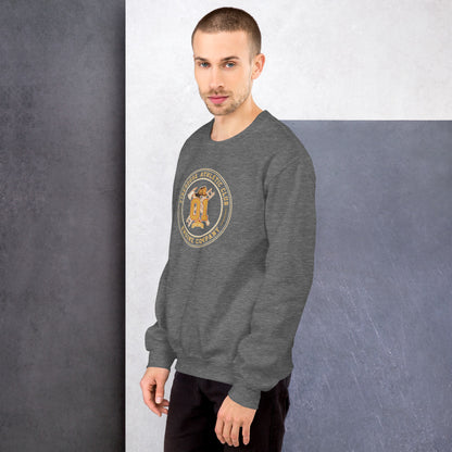 Firehouse Athletic Club retro firefighter emblem crewneck sweatshirt — Graphite Heather, on model
