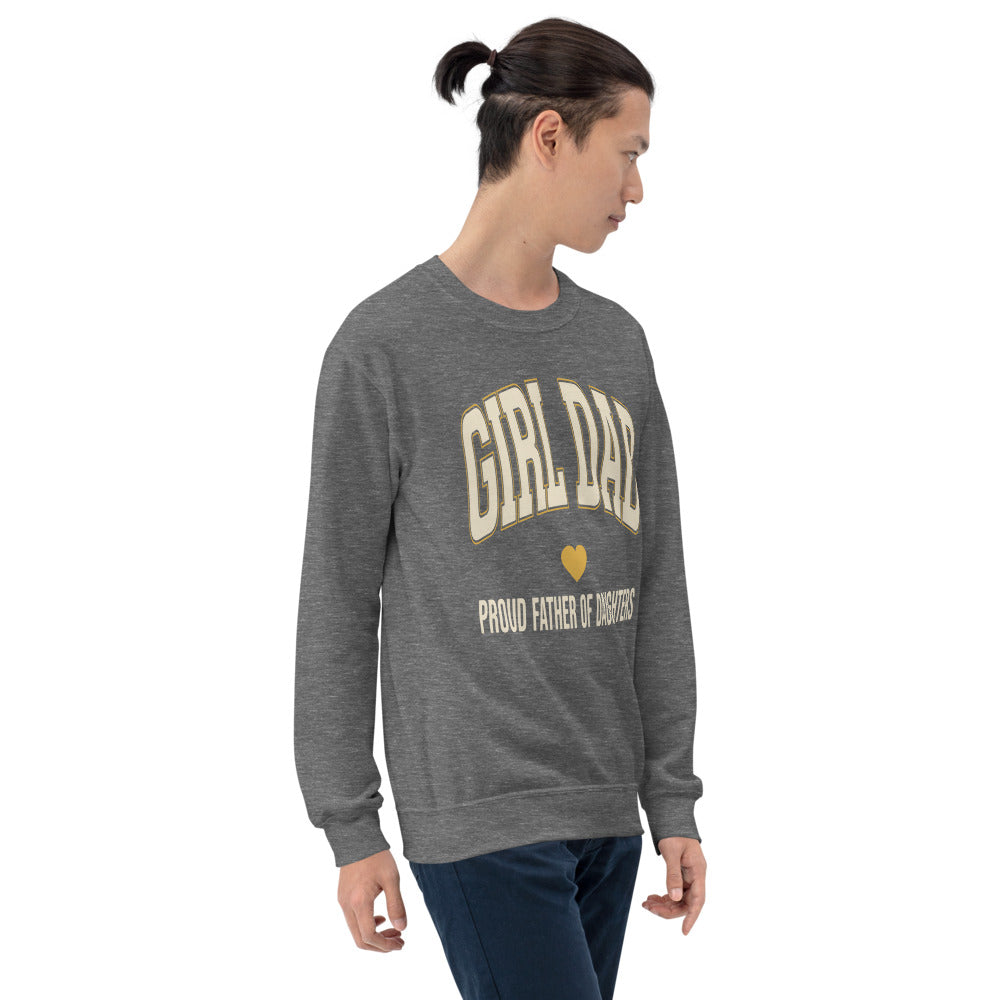 Girl Dad retro varsity crewneck sweatshirt — Graphite Heather, on model