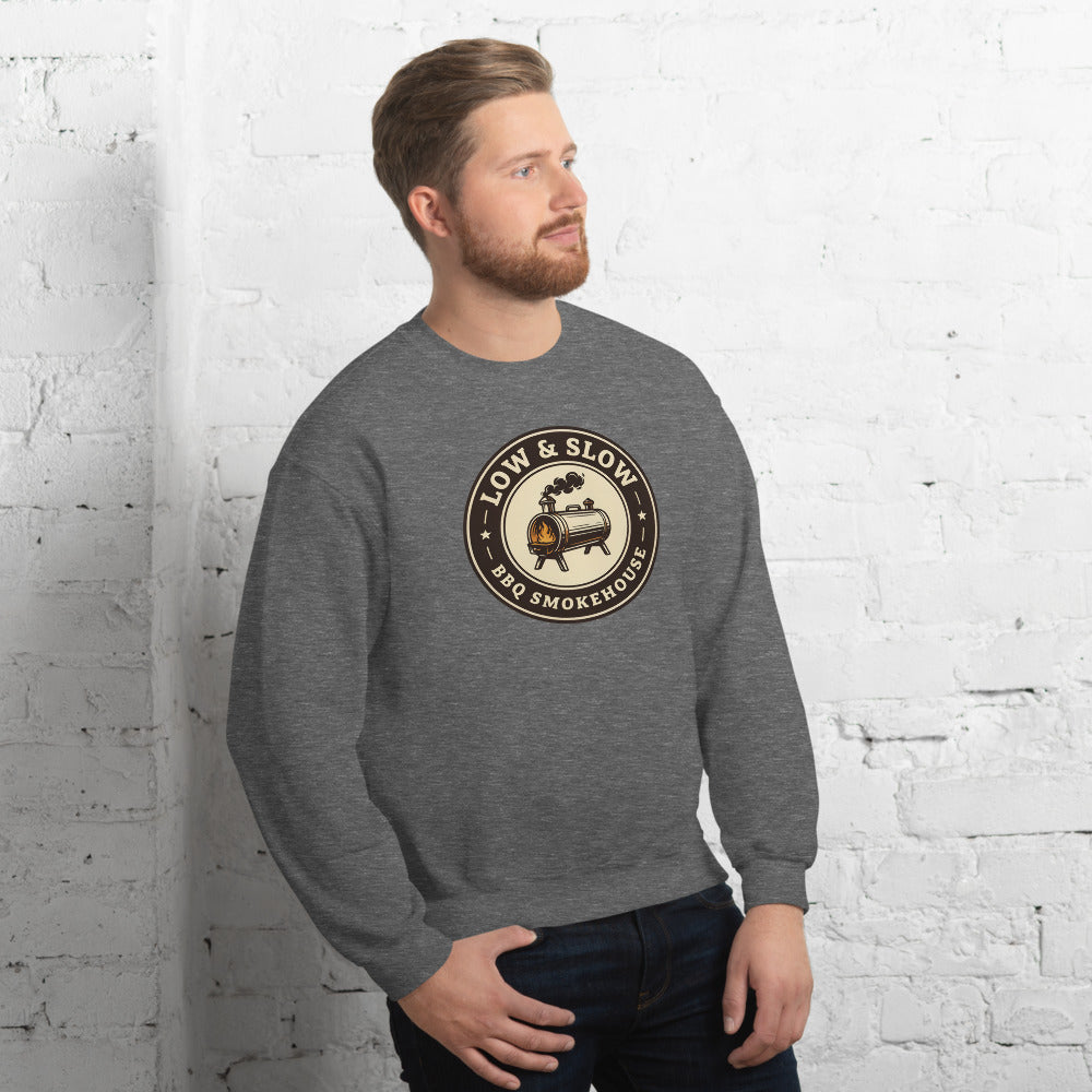 Low & Slow BBQ smoker crewneck sweatshirt — Graphite Heather, on model
