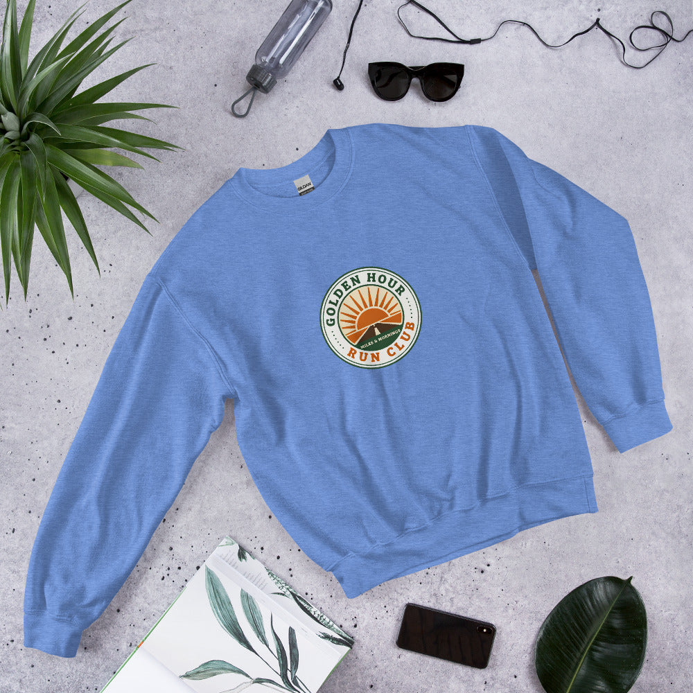 Golden Hour Run Club retro running crewneck sweatshirt — Heather Deep Royal, front-right