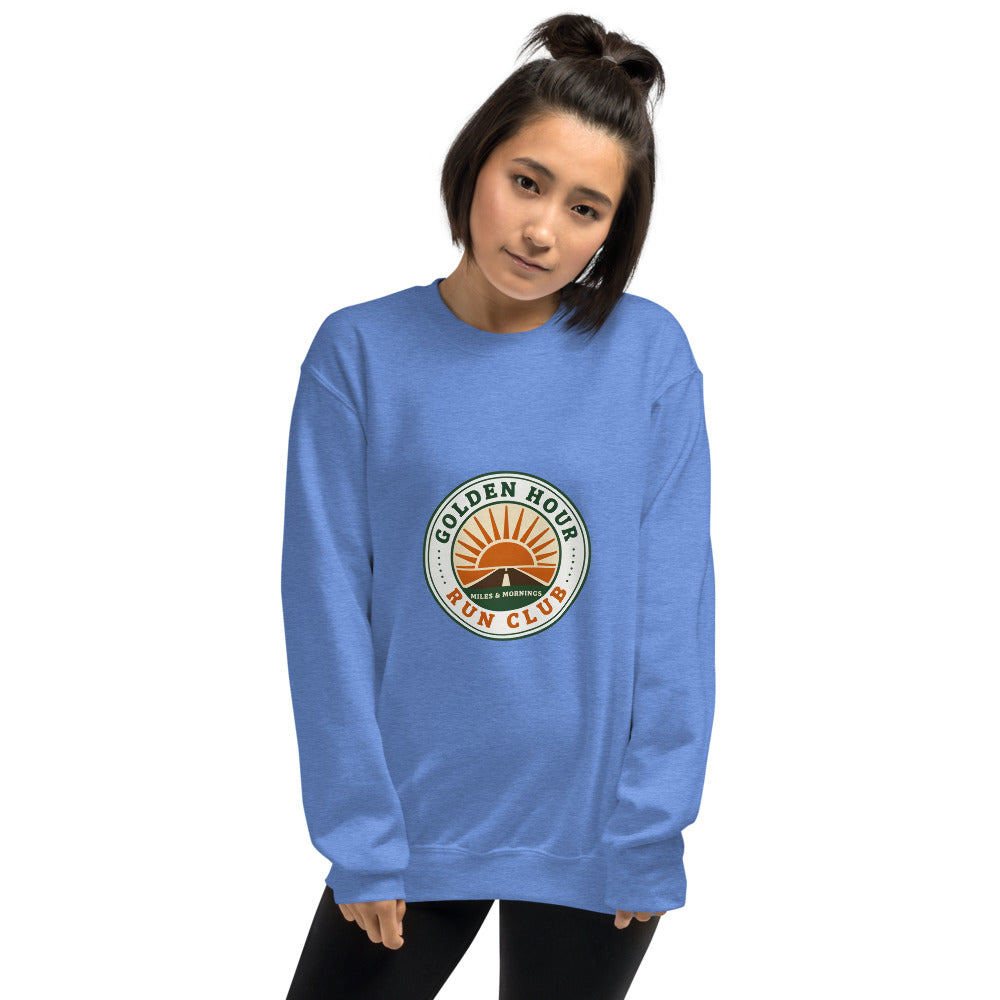 Golden Hour Run Club retro running crewneck sweatshirt — Heather Deep Royal, on model