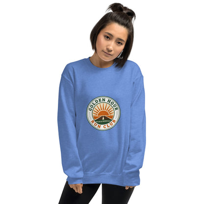 Golden Hour Run Club retro running crewneck sweatshirt — Heather Deep Royal, on model