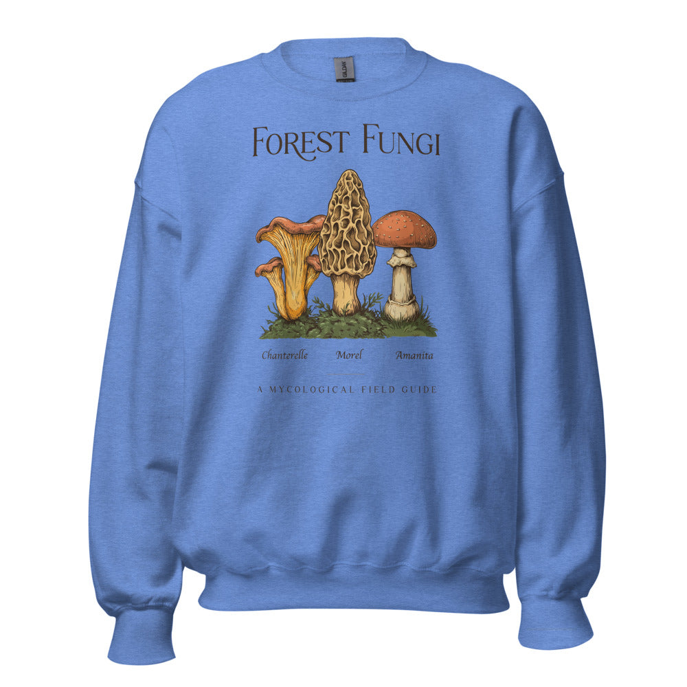 Forest Fungi vintage mushroom field guide crewneck — Heather Deep Royal, front