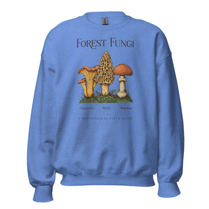 Forest Fungi vintage mushroom field guide crewneck — Heather Deep Royal, front