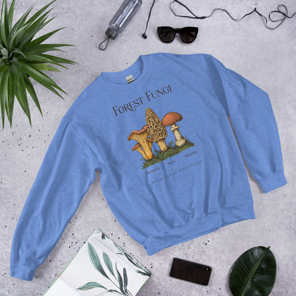 Forest Fungi vintage mushroom field guide crewneck — Heather Deep Royal, flat lay