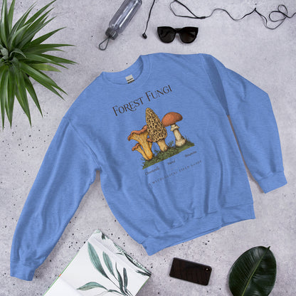 Forest Fungi vintage mushroom field guide crewneck — Heather Deep Royal, flat lay