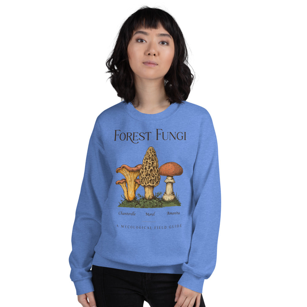 Forest Fungi vintage mushroom field guide crewneck — Heather Deep Royal, on model