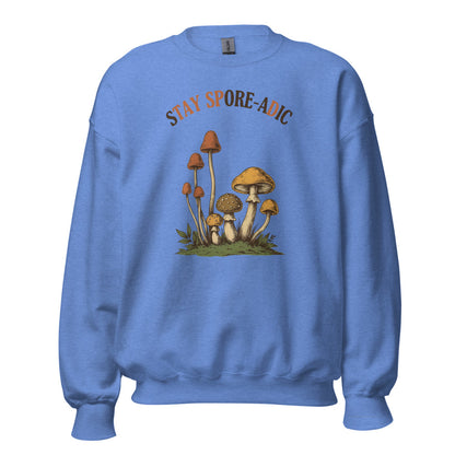 Stay Spore-adic funny vintage mushroom crewneck — Heather Deep Royal, front