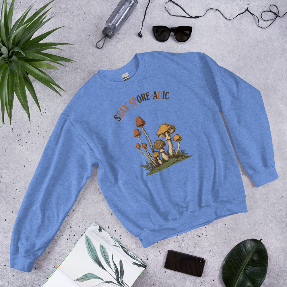 Stay Spore-adic funny vintage mushroom crewneck — Heather Deep Royal, flat lay