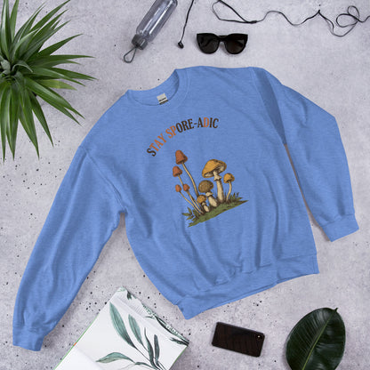 Stay Spore-adic funny vintage mushroom crewneck — Heather Deep Royal, flat lay