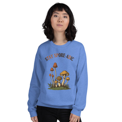 Stay Spore-adic funny vintage mushroom crewneck — Heather Deep Royal, on model