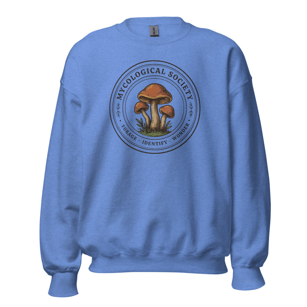 Mushroom Foraging Mycological Society vintage botanical crewneck — Heather Deep Royal, front