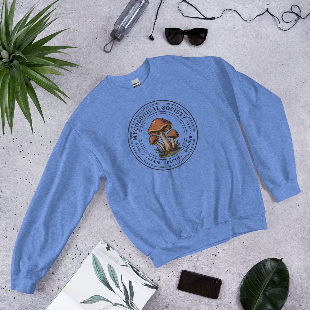 Mushroom Foraging Mycological Society vintage botanical crewneck — Heather Deep Royal, flat lay