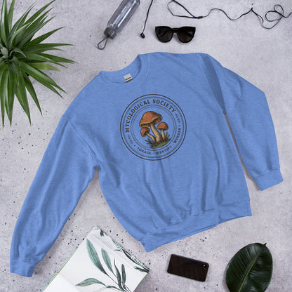 Mushroom Foraging Mycological Society vintage botanical crewneck — Heather Deep Royal, flat lay