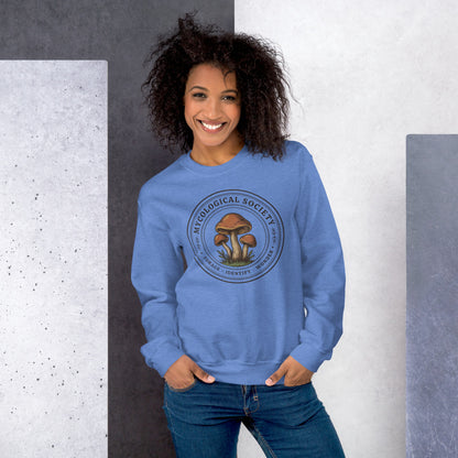Mushroom Foraging Mycological Society vintage botanical crewneck — Heather Deep Royal, on model