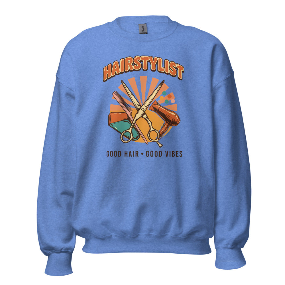 Retro Salon Hairstylist good hair good vibes crewneck — Heather Deep Royal, front