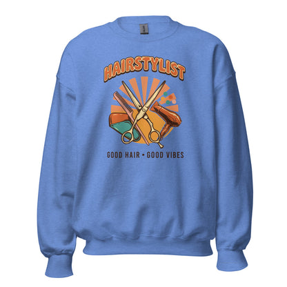 Retro Salon Hairstylist good hair good vibes crewneck — Heather Deep Royal, front