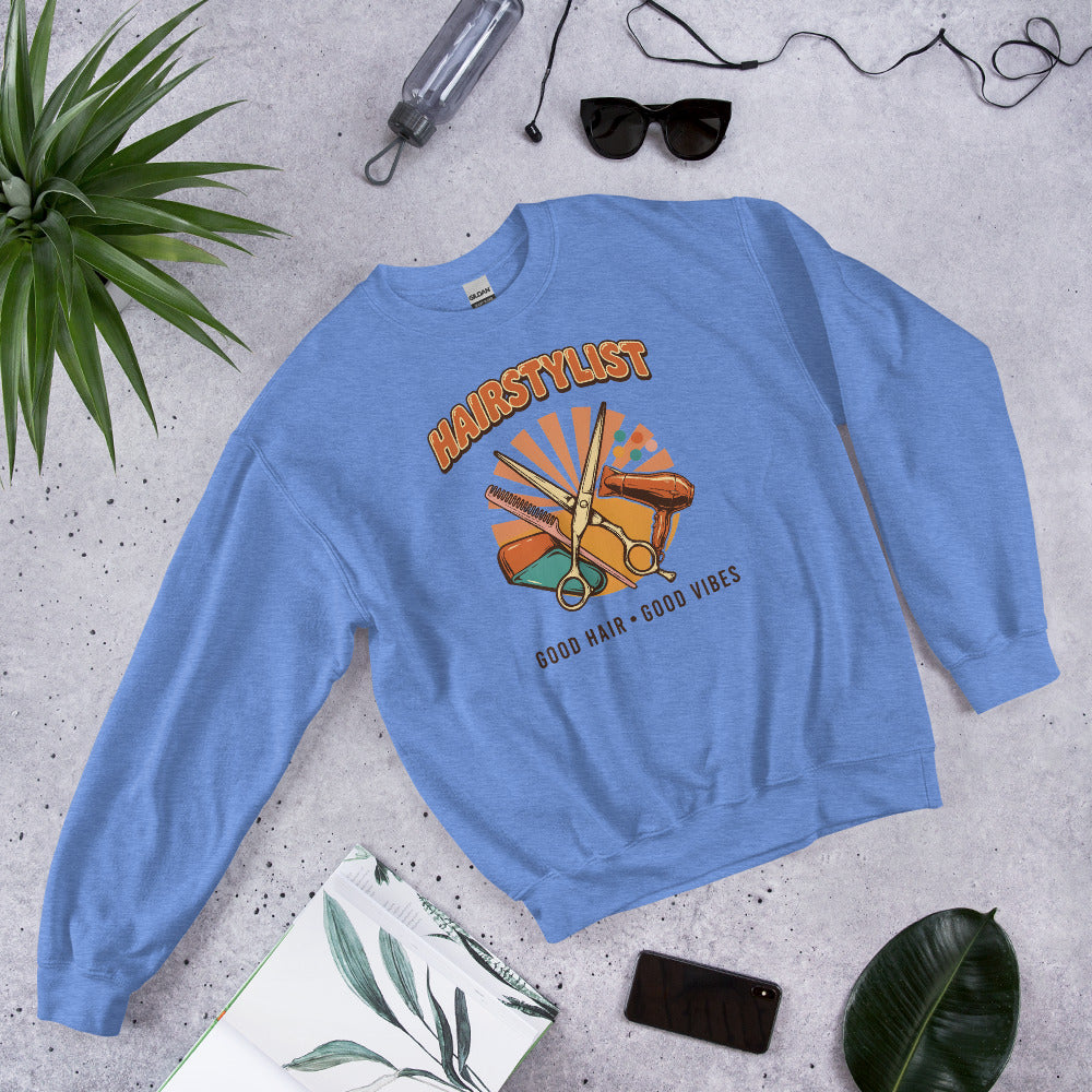 Retro Salon Hairstylist good hair good vibes crewneck — Heather Deep Royal, flat lay