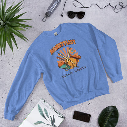 Retro Salon Hairstylist good hair good vibes crewneck — Heather Deep Royal, flat lay