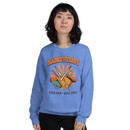 Retro Salon Hairstylist good hair good vibes crewneck — Heather Deep Royal, on model